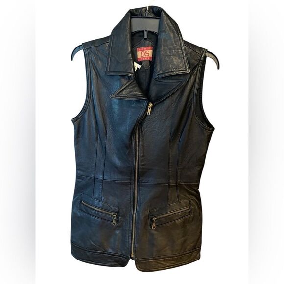 DS Sz L Black Vintage 100% Leather Motorcycle Zip Front Pocket Vest - Picture 3 of 9